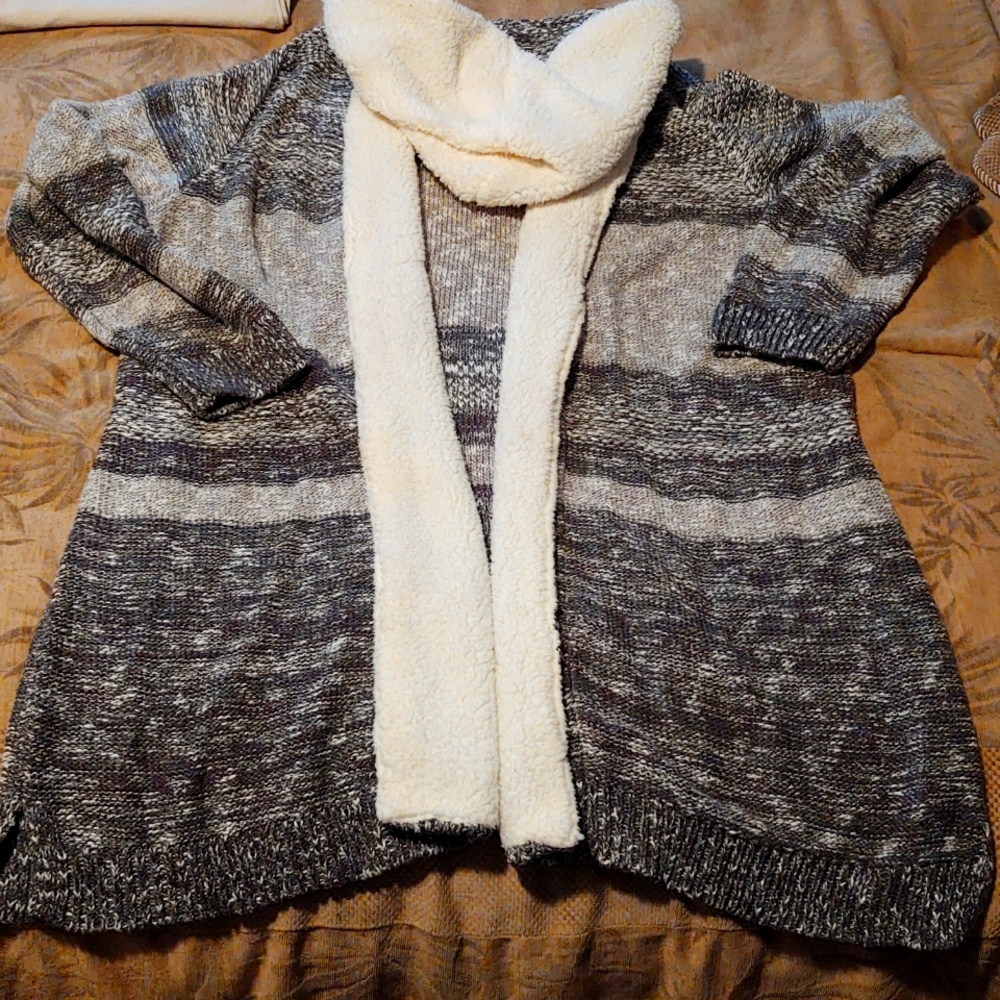 Lety & Me Gray Sherpa Hooded Open Front Cardigan Size  2X
